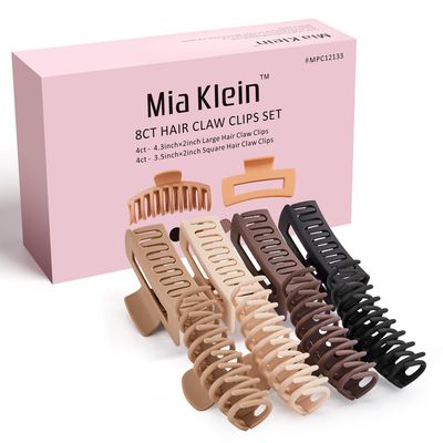 Mia Klein Hair Claw Clips for Women Thick Thin Hair, Non-Slip Matte 4.3 Inch Large Hair Clips Strong Hold Jaw Clip And 3.5 Inch Medium Claw Clips for Curly Hair, 8 Pack, Neutral Colors