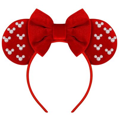 WOVOWOVO Mouse Ears Headbands for Women Red Bow Pearl Hairbands Velvet Headband Hair Accessories