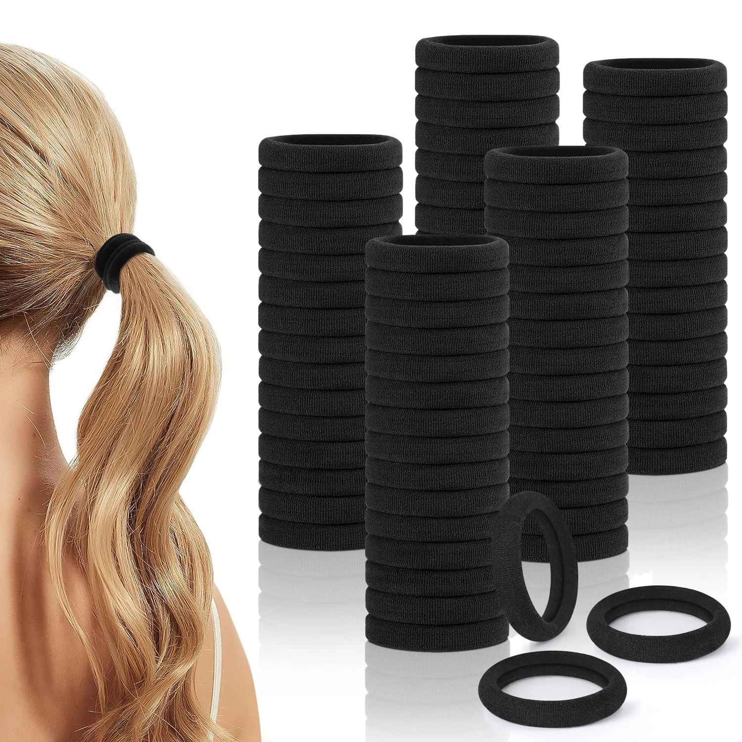 100Pcs Hair Ties, Seamless Hair Ties for Thick Thin Hair, High Elastic Hair Ties for Curly Hair, 2.36 inch Ponytail Holders, No Damage Hair Accessories?Black?