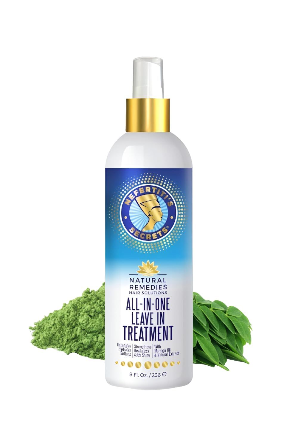 Nefertiti&#39;s Secrets All In One Leave-In Treatment, Moringa Oil &amp; Rosemary Hair Conditioner, Strengthen &amp; Stimulates, Heat Protection Spray For Hair Growth, Travel Size Moisturizer - 8 Oz / 236 ml