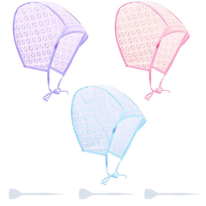 Yzurbu 3pcs Hair Highlighting Caps, Bleach Cap Coloring Frosting Dye Kit with Plastic Hooks for Salon Hair Dyeing Hairdressing (Pink, Blue, Purple?