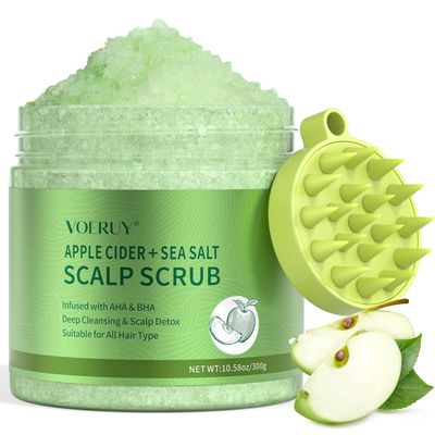 VOERUY Apple Cider Scalp Exfoliator Scrub Shampoo, 2-in-1 Scalp Treatment with Sea Salt, Hair Treatment to Clarify and Remove Build up with Silicone Scalp Massager, 10.6oz/300g