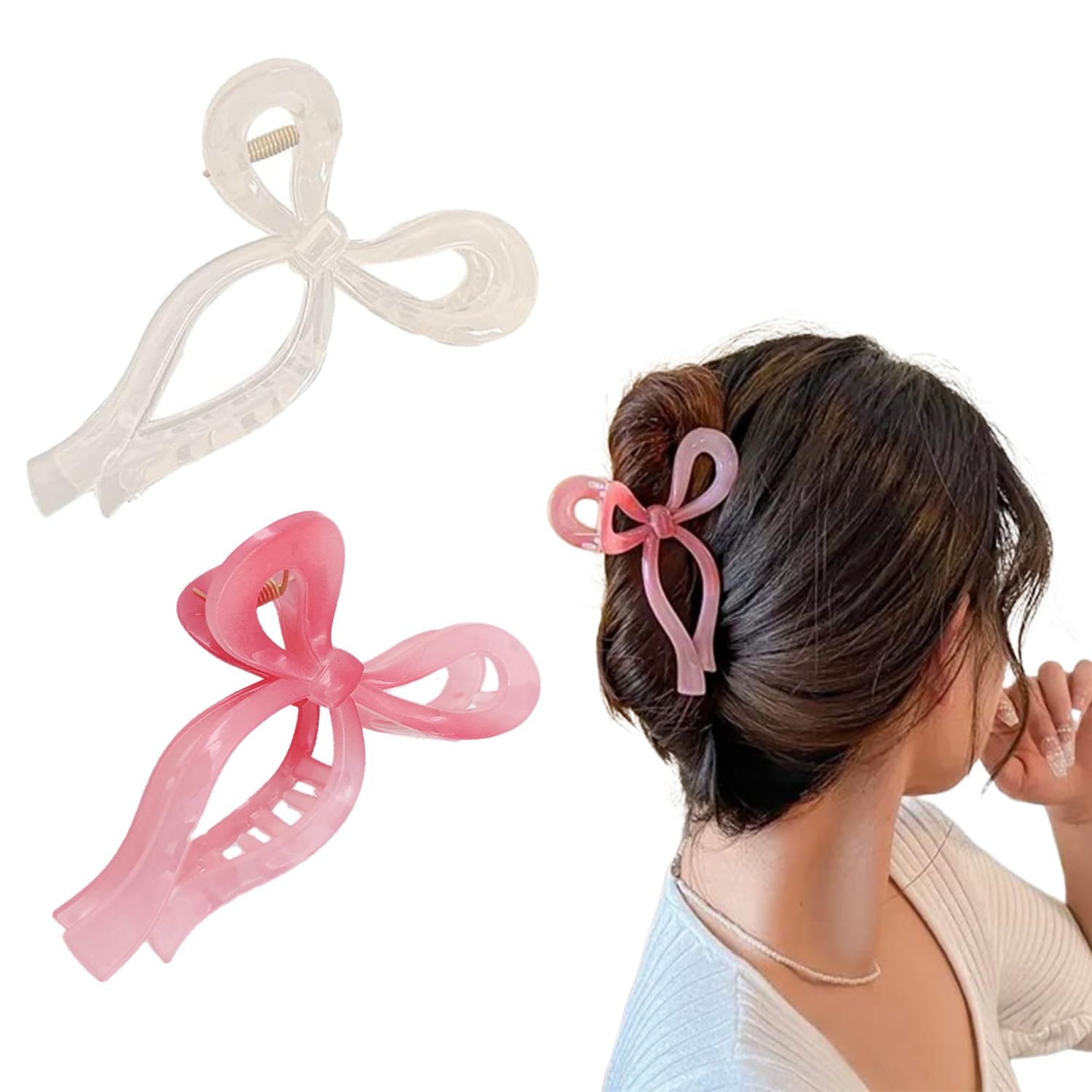 Ayesha Bows Claw Clips - 2 Colors Ribbon Coquette Clips for Thick Hair and Girls, Including Pink