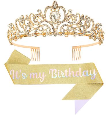 Papoopy Birthday Tiara and Crown with Sash, Birthday Tiara for Women Birthday Party (Gold)