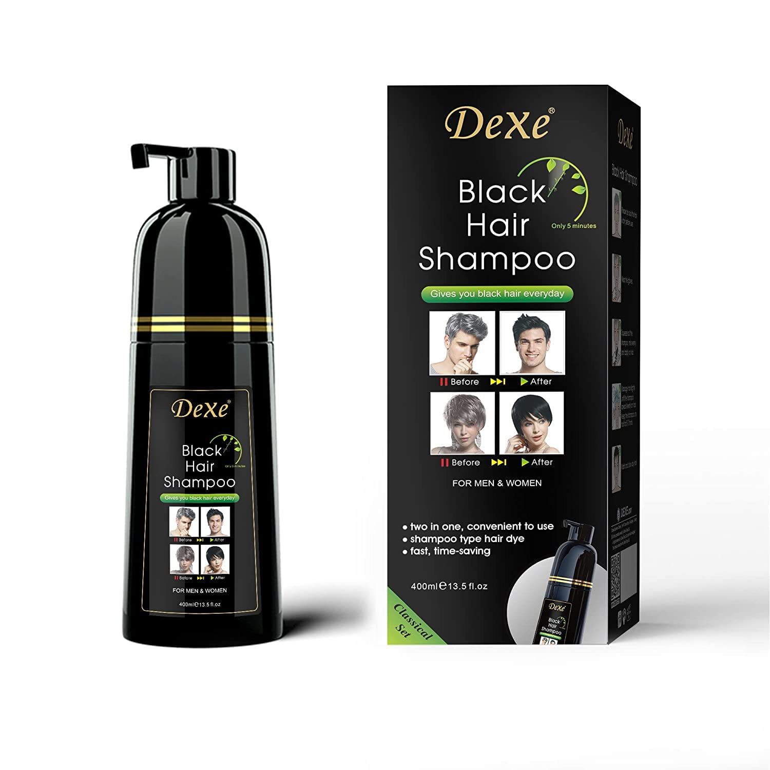 Dexe Hair Dye Shampoo 14.1 Fl Oz, Gray Hair Coverage, Black Hair Dye, Hair Color Shampoo, Black Hair Shampoo for Men &amp; Women