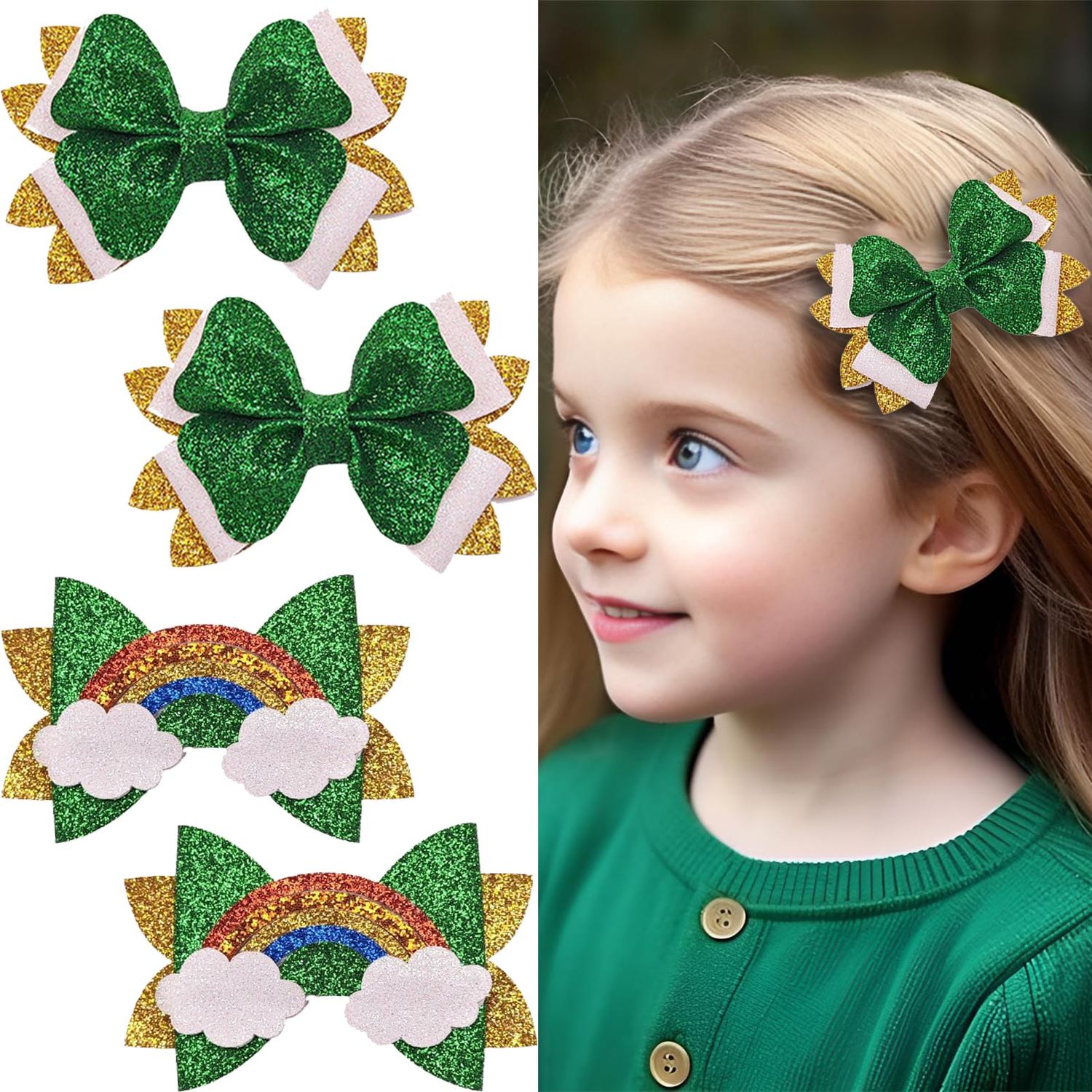 4 Pcs St. Patrick&#39;s Day Hair Clips Bow Hair Accessories Cute Rainbow Pattern Glitter Sparkly Hair Barrettes Holiday Headdress Hairpin for Girls Women Kids Party Cosplay Gift