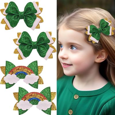 4 Pcs St. Patrick&#39;s Day Hair Clips Bow Hair Accessories Cute Rainbow Pattern Glitter Sparkly Hair Barrettes Holiday Headdress Hairpin for Girls Women Kids Party Cosplay Gift