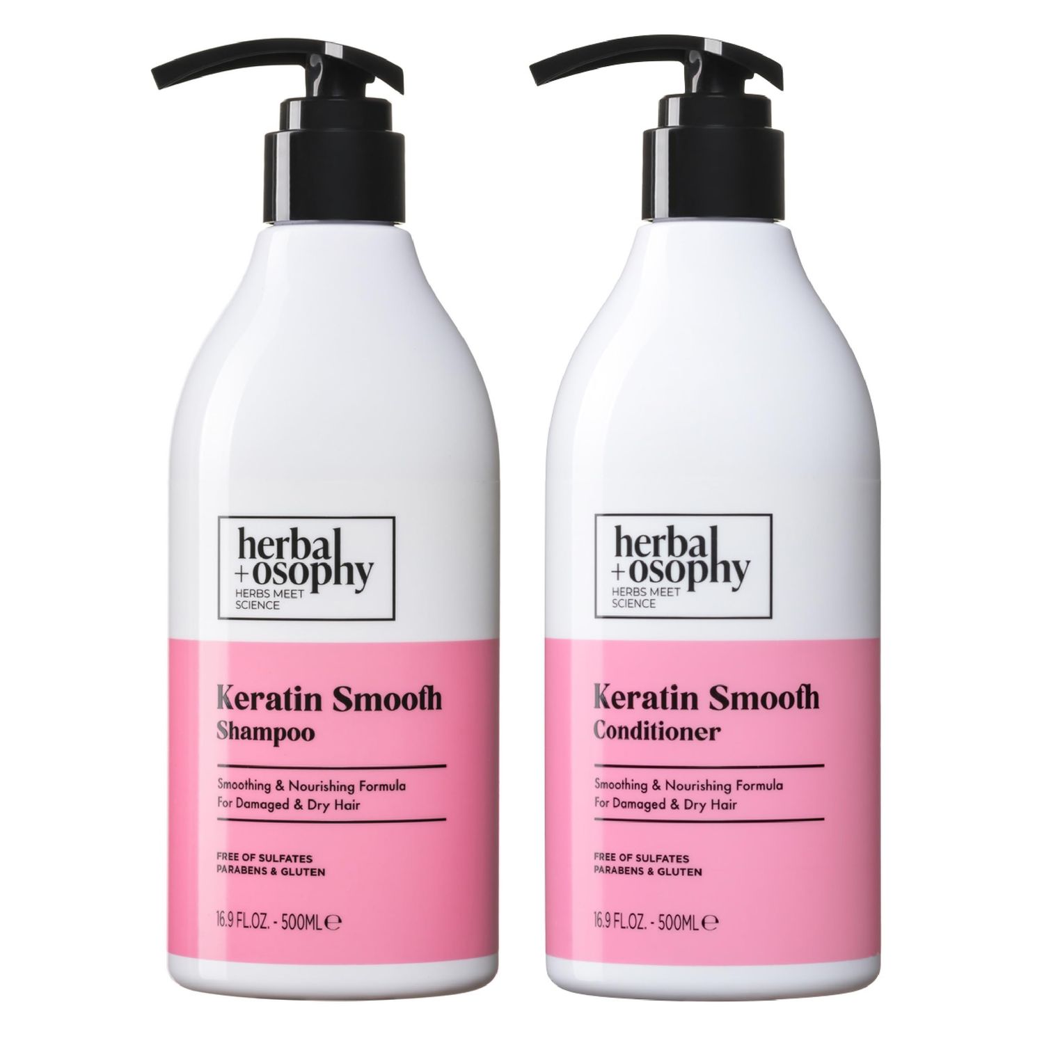 Herbalosophy Keratin Shampoo &amp; Conditioner Set, Nourishing &amp; Moisturizing Formula for Damaged &amp; Dry Hair, Highly Hydrate &amp; Repair for Color Treated Hair, Sulfate,Parabens &amp; Gluten Free, 2 x 16.9 Fl Oz