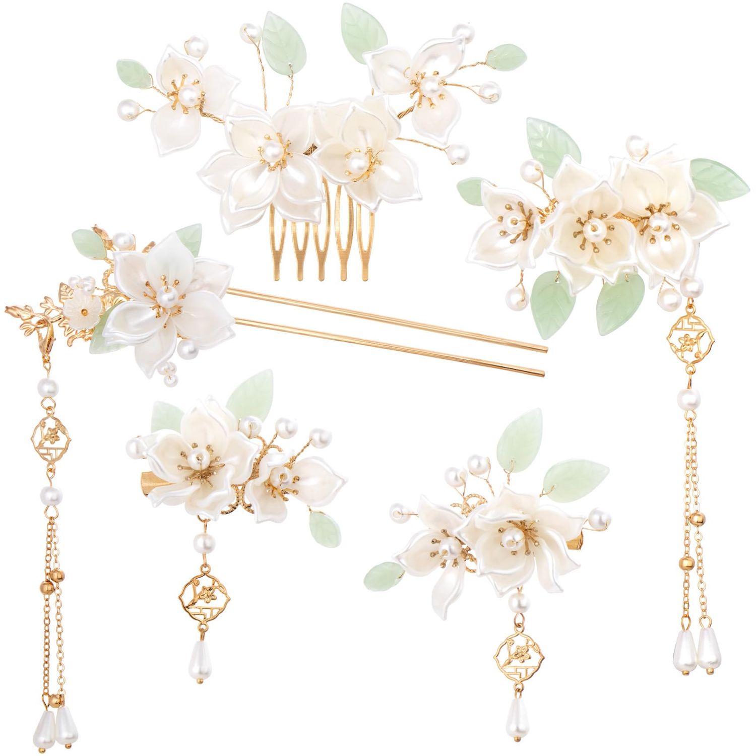HINZIC 5PCS Camellia Flower Tassels Hairpin, Crystal Rhinestone Pearl Hair Clips Headpiece Retro Chinese Hanfu Wedding Brides Hair Accessories Korean Jewelry for Women Girls Updo Long Hair