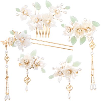 HINZIC 5PCS Camellia Flower Tassels Hairpin, Crystal Rhinestone Pearl Hair Clips Headpiece Retro Chinese Hanfu Wedding Brides Hair Accessories Korean Jewelry for Women Girls Updo Long Hair