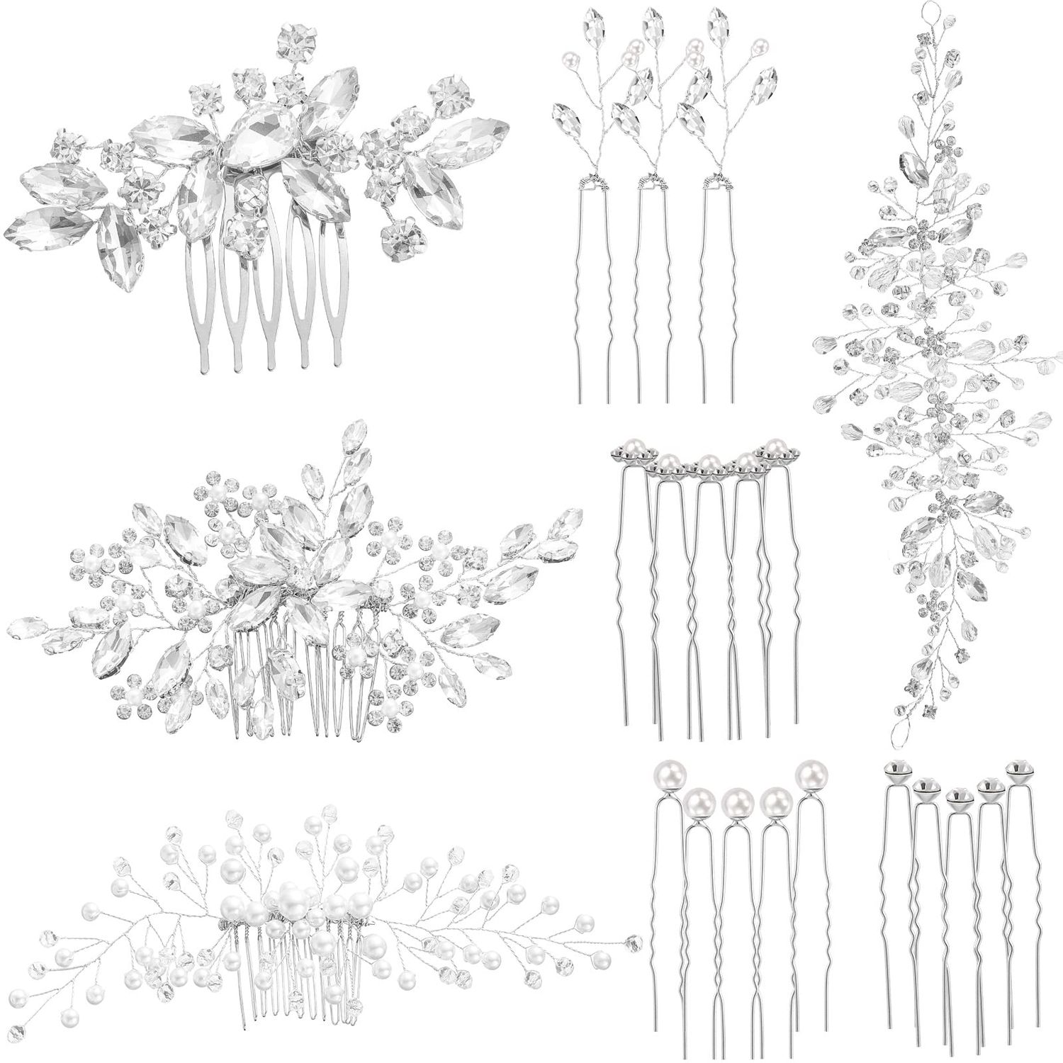 44 Pieces Wedding Hair Accessories - Faux Pearl, Crystal, Rhinestone Hair Combs, Clips and Floral Pieces for Bride and Bridesmaid (Elegant Style)