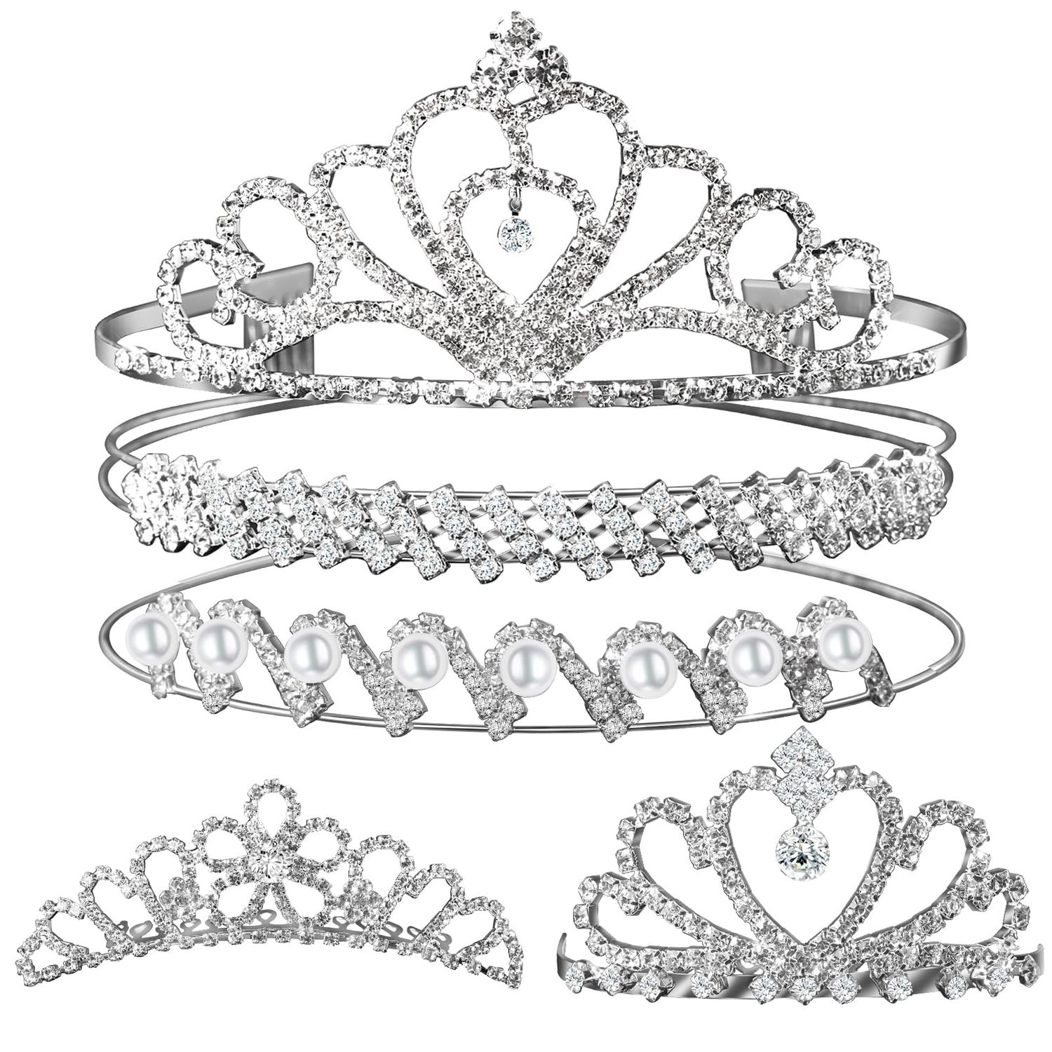 Teenitor Crown,Tiara Crown, Princess Crown Headband, 5pcs Tiaras for Women, Crowns for Women, Silver Tiara for Little Girls Rhinestone Headbands for Women Wedding Headband Crowns Party Silver Crown