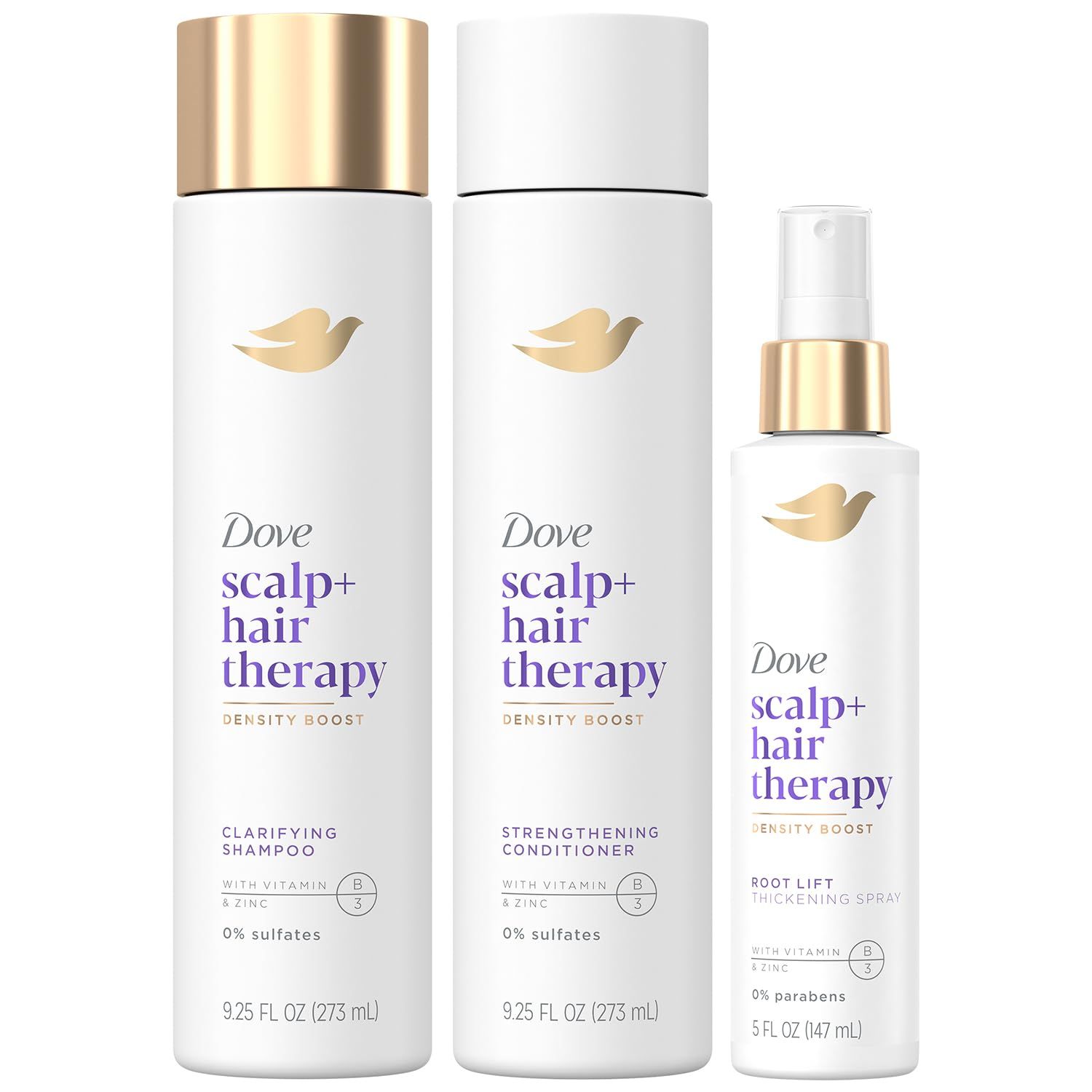 Dove Scalp + Hair Therapy Bundle - Density Boost Clarifying Shampoo and Strengthening Conditioner + Root Lift Thickening Spray with Vitamins B3 &amp; E, Zinc &amp; Peptides (3 Piece Set)