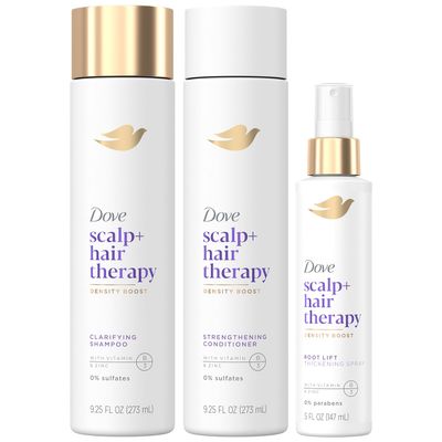 Dove Scalp + Hair Therapy Bundle - Density Boost Clarifying Shampoo and Strengthening Conditioner + Root Lift Thickening Spray with Vitamins B3 &amp; E, Zinc &amp; Peptides (3 Piece Set)