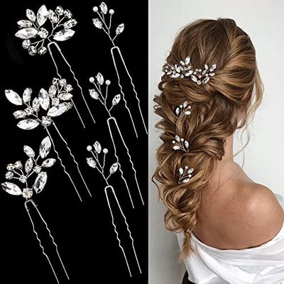 6 Pieces Bride Hair Pins Rhinestones Hair Accessories for Women Crystal Wedding Hair Piece for Bride Women Girls Bridesmaids(Silver)