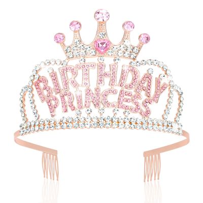Wecoe Birthday Crown Birthday Tiara Rose Gold Birthday Princess Crown Rhinestone Tiara Headband Happy Birthday Party Favors Pink Birthday Decorations 16th 18th 21st 25th Birthday Gifts for Her