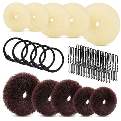 MAGDIY 65 Pcs Hair Accessories Set with 5pcs Beige &amp; 5pcs Brown Hair Bun Maker (2 Large, 4 Medium, 4 Small), 50 Pcs U Shaped Pins and 5 Pcs Hair Ties, Ballet Donut Buns Set for Kids Girls Long Hair