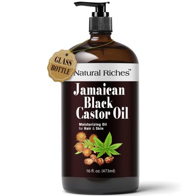 Natural Riches Jamaican Black Castor Oil Glass Bottle Pure Organic Cold Pressed for Hair Growth Skin Care for Dry Skin Conditioning Eyebrows Eyelashes Scalp and Nail Moisturizes &amp; Repairs 16fl.oz.