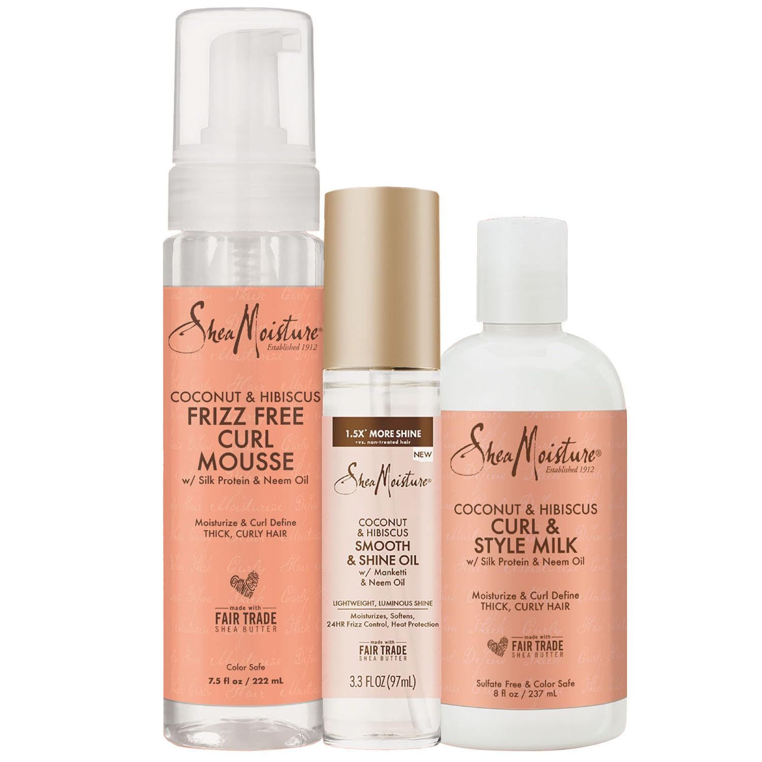 Shea Moisture Styling Set Mousse, Smooth Shine Oil, Curl Style Milk, 3 Pack, White