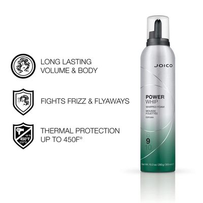 Joico Power Whip Whipped Foam | For Most Hair Types | Add Volume &amp; Body | Thermal Heat, Humidity, &amp; Pollution Protection | Boost Shine | Control Frizz &amp; Flyaways | Silicone &amp; Paraben Free | 10.2 Fl Oz