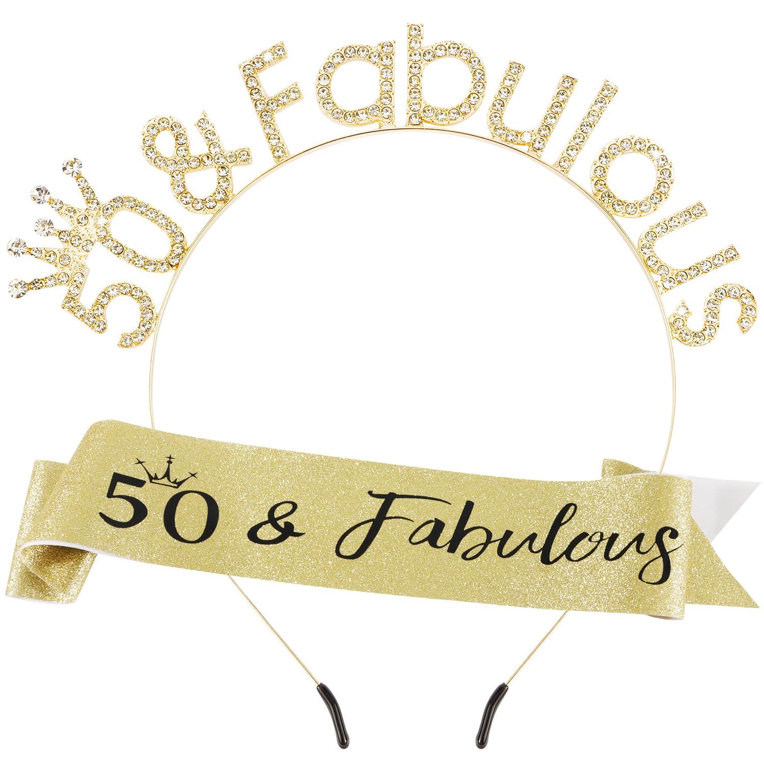 SuPoo 50th Birthday Sash and Crown Kit Gold 50 &amp; Fabulous Birthday Headband Tiara 50th Birthday Decorations for Women 50th Birthday Gifts for Her 50 Year Old Happy Birthday Party Decorations