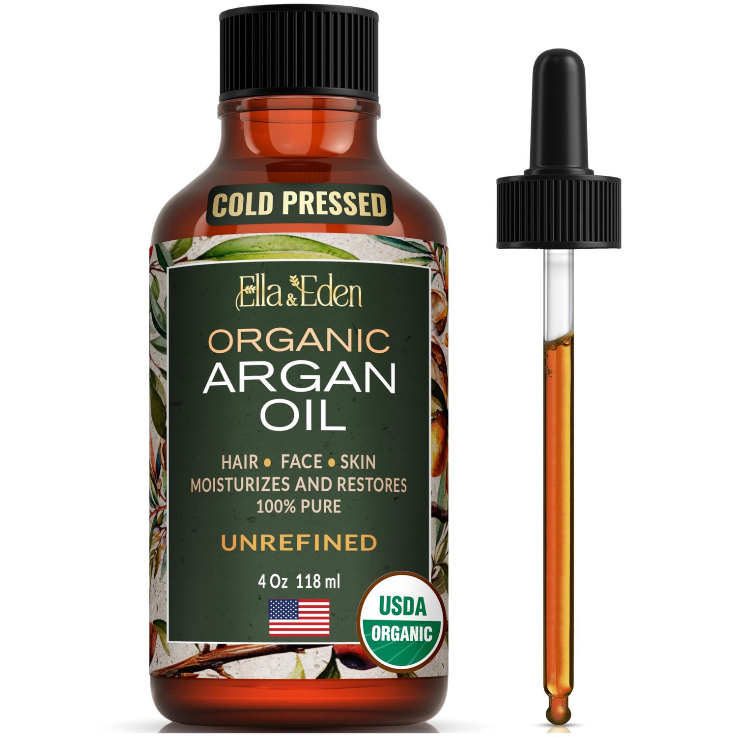 Ella &amp; Eden Organic Argan Oil for Hair, Face &amp; Skin | Moroccan Argan Oil, USDA Certified, 100% Pure, Cold-Pressed, Unrefined, Glass Bottle - 4 Oz