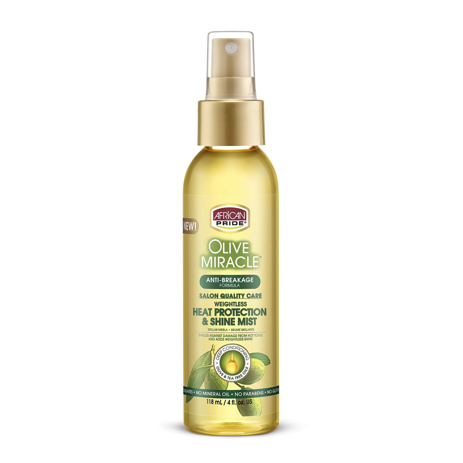 African Pride Olive Miracle Weightless Heat Protection &amp; Hair Shine Mist, Fights Humidity &amp; Shields Against Heat Damage, Enriched with Olive &amp; Tea Tree Oils, 4 oz