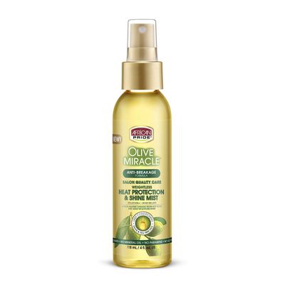 African Pride Olive Miracle Weightless Heat Protection &amp; Hair Shine Mist, Fights Humidity &amp; Shields Against Heat Damage, Enriched with Olive &amp; Tea Tree Oils, 4 oz