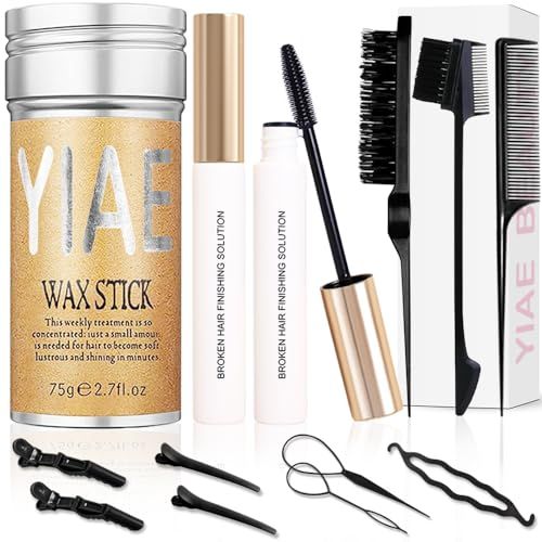 Wax Stick for Hair Slick Stick Kit, YIAE Hair Wax Stick Womens and 2 Hair Stick for Flyaways with Hair Comb kit, Non-greasy Pomade Gummy Wax for Edge Frizz Hair and Edge Control (75 g+30 ml)