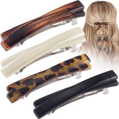 STSTR 4PCS French Barrette Hair Clips for Women, 2.56 Inch Small Tortoise Shell Hair Clip, Curved Glossy Thin Hair Flat Hair Accessories for Women (Black, White, Leopard Color, Amber)