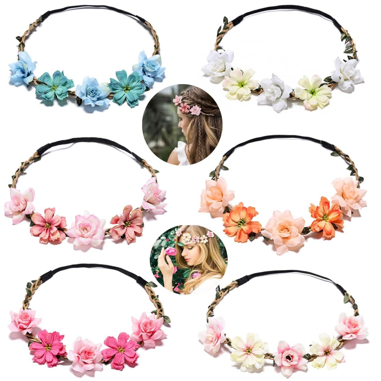 Women Headpieces Collection Accessories - 6 PCS Boho Hair Wreaths, Flower Crowns, Tiaras for , Brides, Bridesmaids, Flower Girls, Weddings