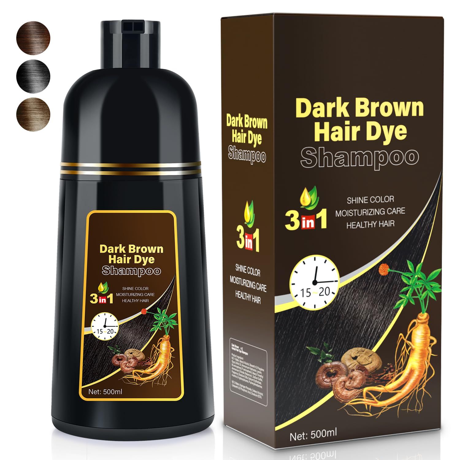 JIESSIA Dark Brown Hair Dye Shampoo 3 IN 1, 16.9 Fl Oz, Natural Herbal Plant Semi Permanent Covers All Gray Hair Treated for Women &amp; Men