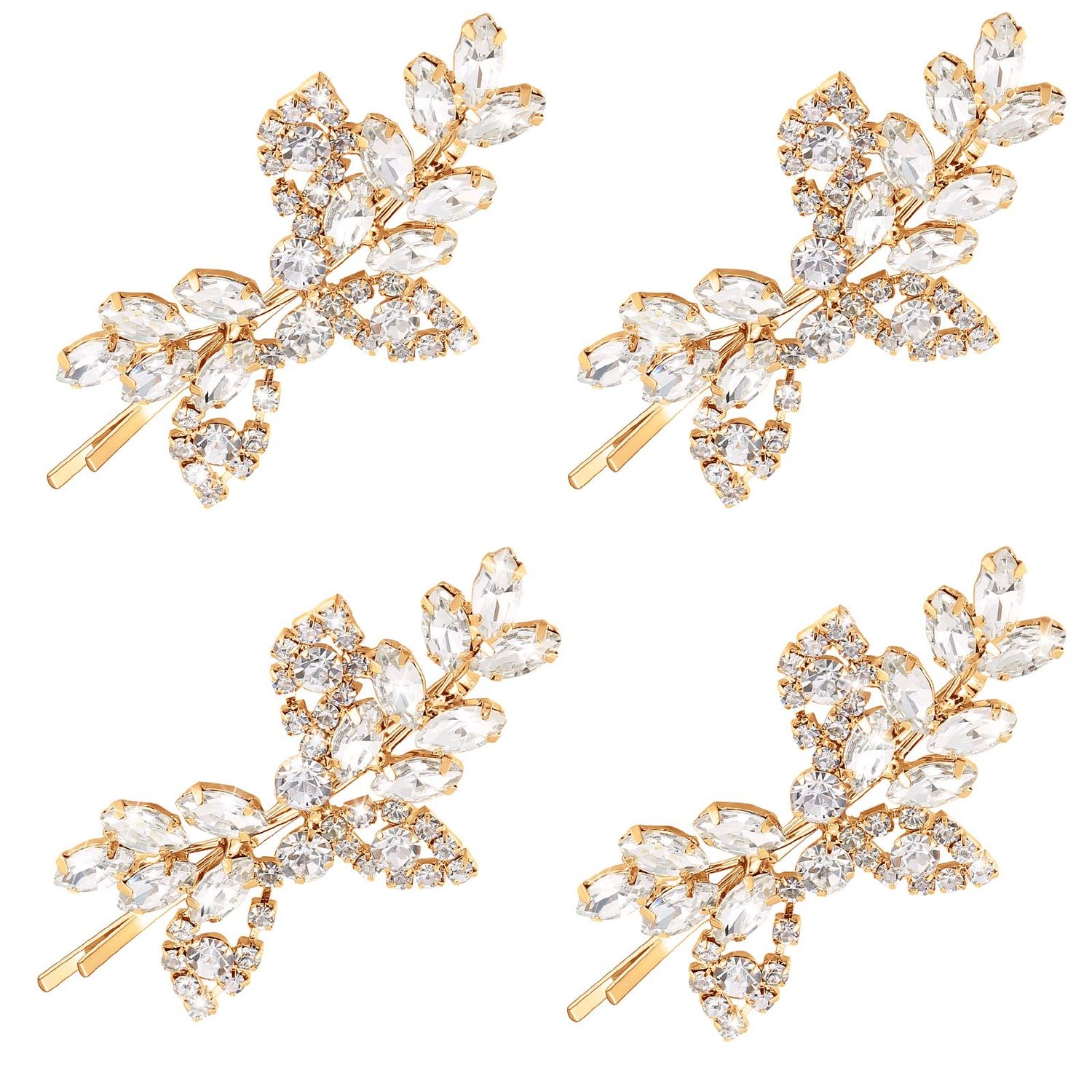 Waydress 4 Pcs Rhinestone Bridal Hair Clip Leaf Wedding Hairpin Bride Crystal Hair Barrette Accessories for Women (Gold, Rhinestone Style)