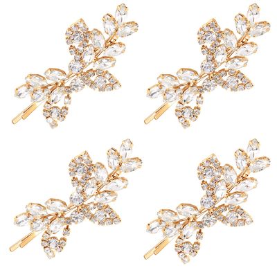 Waydress 4 Pcs Rhinestone Bridal Hair Clip Leaf Wedding Hairpin Bride Crystal Hair Barrette Accessories for Women (Gold, Rhinestone Style)