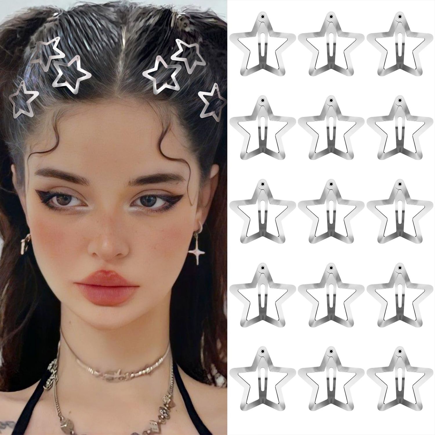 Star Hair Clips 2000s Y2K Snap Hair Barrettes Non Slip Star Hair Accessories Silver Metal Hair Clips for Girls Women -15 PCS 1.57&quot;