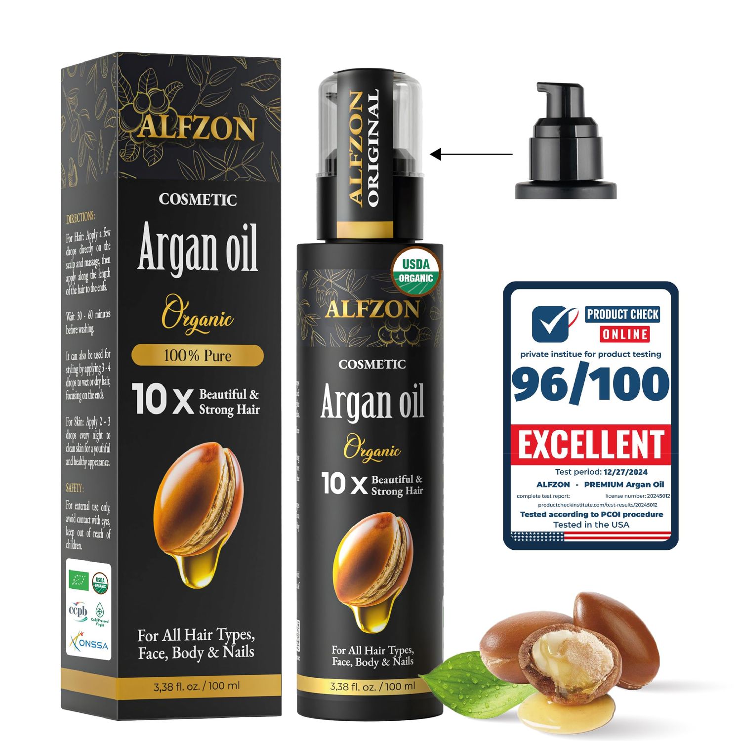 PREMIUM Moroccan Argan Oil 100% Pure - USDA Organic, Cold Pressed | Large 3.38 oz For Hair Treatment &amp; Growth Dry, Oily, Damaged Curly &amp; Frizzy, Skin, Face, Body &amp; Beard | Anti-Aging | Additive Free