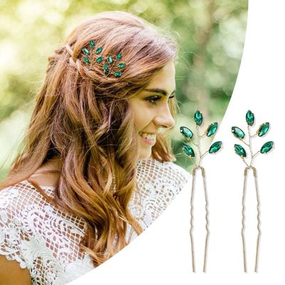 Dizila 7 Pieces Emerald Green Crystal Bead Party Prom Wedding Bridal Vine Leaf Hair Side Combs + Rhinestone U-shaped Hair Pins Headpieces for Brides Bridesmaids Women Girls