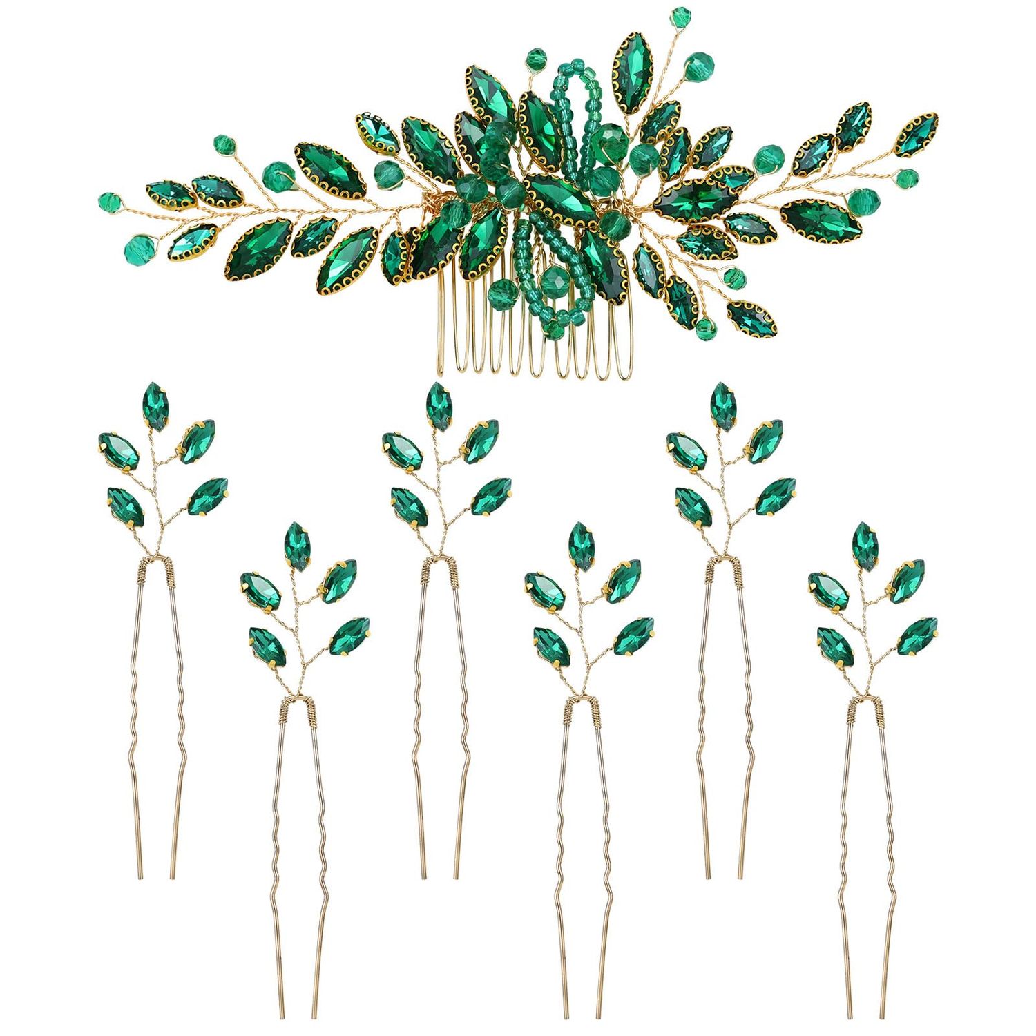 Dizila 7 Pieces Emerald Green Crystal Bead Party Prom Wedding Bridal Vine Leaf Hair Side Combs + Rhinestone U-shaped Hair Pins Headpieces for Brides Bridesmaids Women Girls