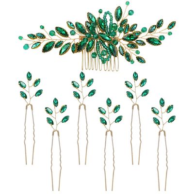 Dizila 7 Pieces Emerald Green Crystal Bead Party Prom Wedding Bridal Vine Leaf Hair Side Combs + Rhinestone U-shaped Hair Pins Headpieces for Brides Bridesmaids Women Girls