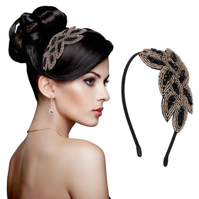 Sibba 1920s Headbands for Women Head Bands Accessories Crystal Bridal Wedding Black Headpiece 20s Rhinestone Flapper Vintage Hair Valentines Accessory for Girls Costume Prom Party Retro (Black Gold)