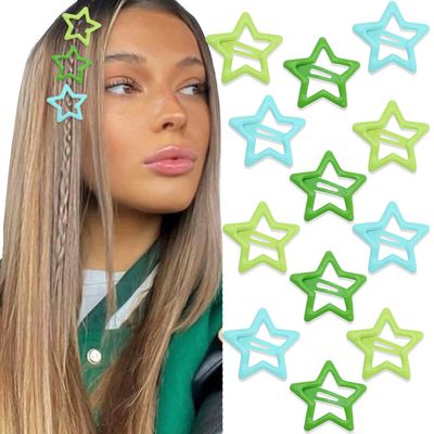NAISKA Green Star Hair Accessories - Non-Slip Snap Barrettes and Pins for Girls and Women (12PCS)