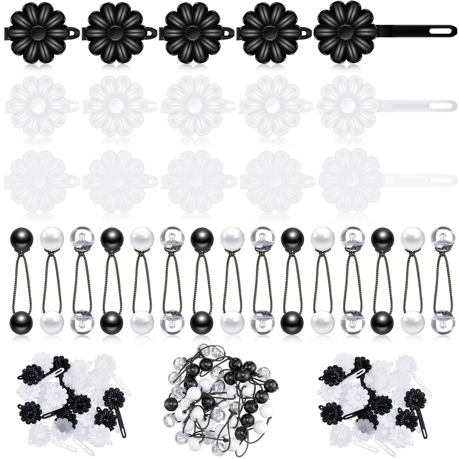 Jutom 72 Pcs Hair Barrettes Balls for Girls Self Hinge Hair Ties Bubble Accessories Set 80s 90s Bow Flower Plastic Clips for Baby Toddler(Black, White, Clear)