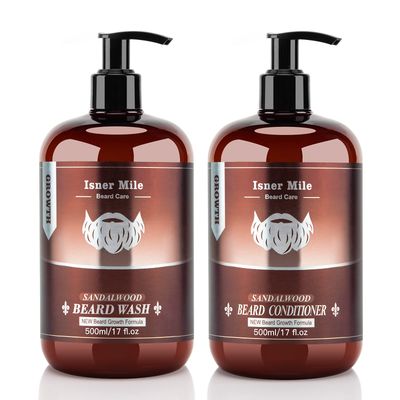 ISNER MILE Beard Wash &amp; Conditioner Set for Men - 17 oz Shampoo with Biotin, Argan &amp; Jojoba Oils for Smooth, Soft, and Strengthened Beard - Sandalwood Scented Grooming Gift