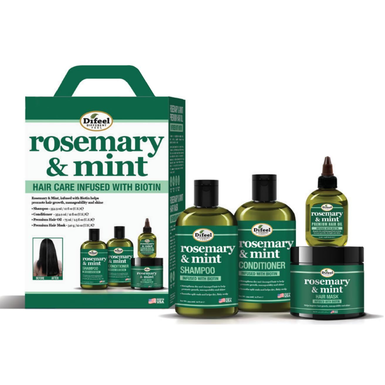 Difeel Rosemary &amp; Mint Biotin 4-PC Box Set: Shampoo 12oz, Conditioner 12oz, Hair Mask 12oz, Hair Oil 2.5oz