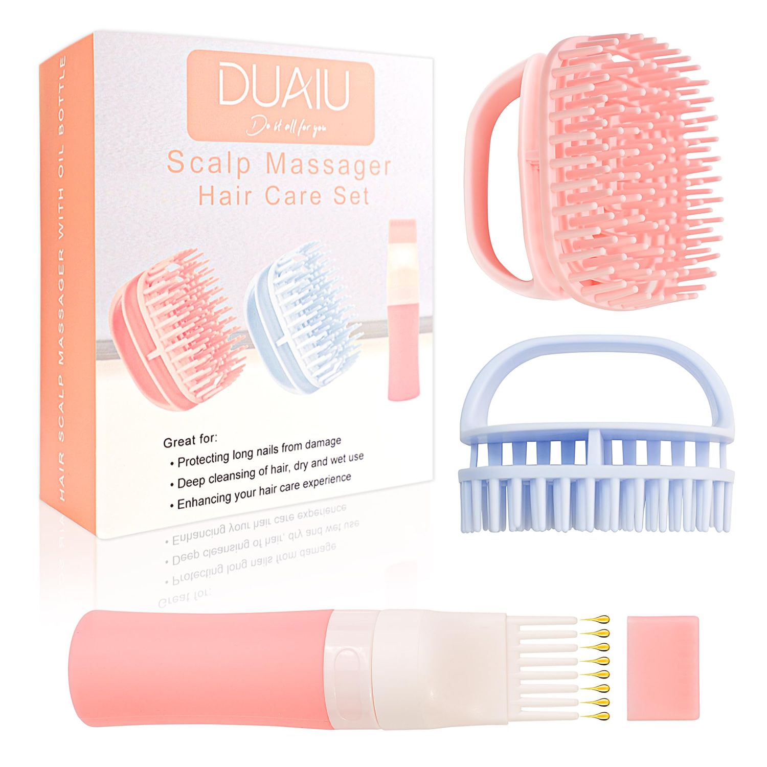 DUAIU Hair Oil Applicator with 2PCS Scalp Massager, Silicone Root Comb Applicator Bottle and Silicone Shampoo Brush Set, Scalp Scrubber Bottle for Hair Dye and Care