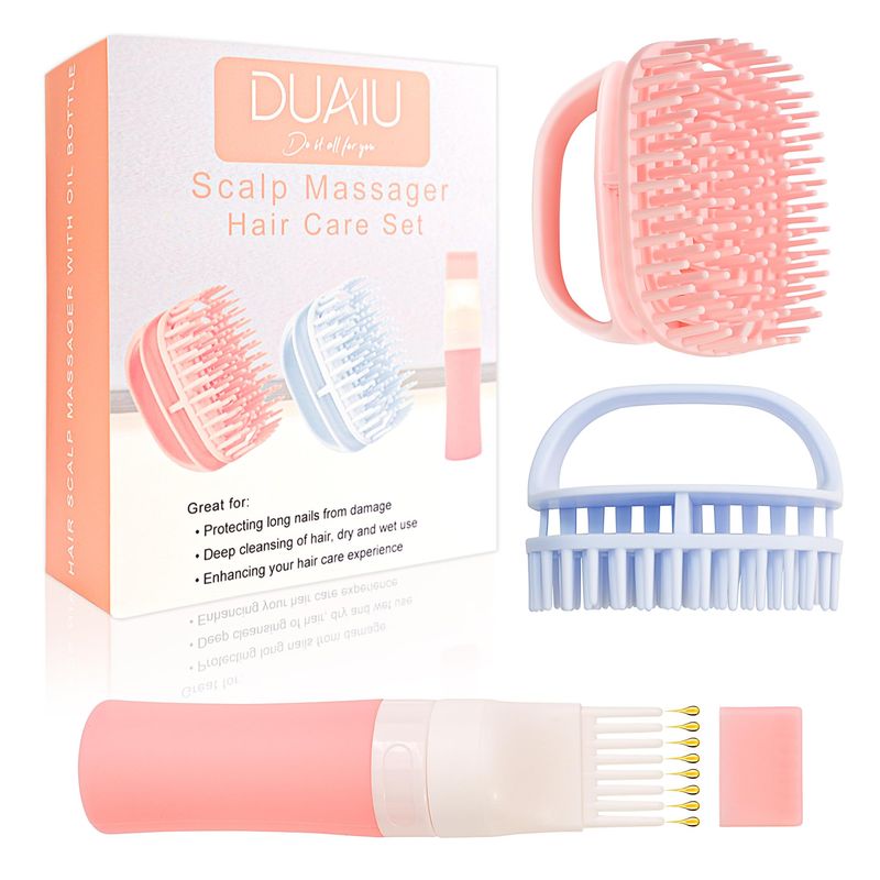 DUAIU Hair Oil Applicator with 2PCS Scalp Massager, Silicone Root Comb Applicator Bottle and Silicone Shampoo Brush Set, Scalp Scrubber Bottle for Hair Dye and Care