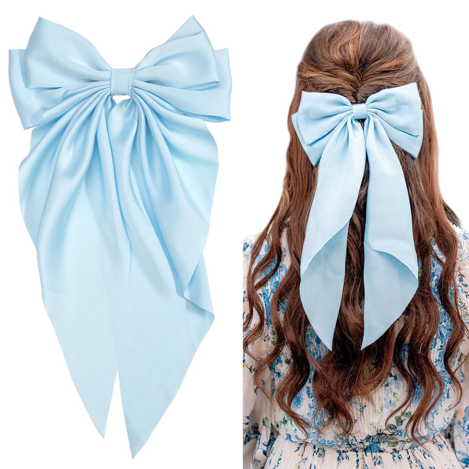 JOYOYO Hair Clip, 1Pcs Silky Satin Large Hair Bow Ribbon Clips for Women and Girls, Giant Long Bow Hair Clips Ponytail Holder Silk Big Hair Clips Accessories, Blue