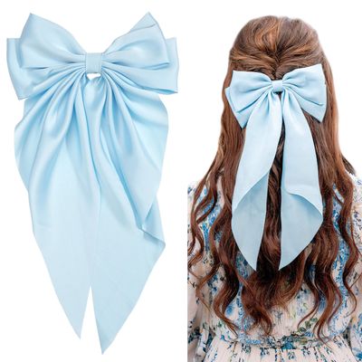 JOYOYO Hair Clip, 1Pcs Silky Satin Large Hair Bow Ribbon Clips for Women and Girls, Giant Long Bow Hair Clips Ponytail Holder Silk Big Hair Clips Accessories, Blue