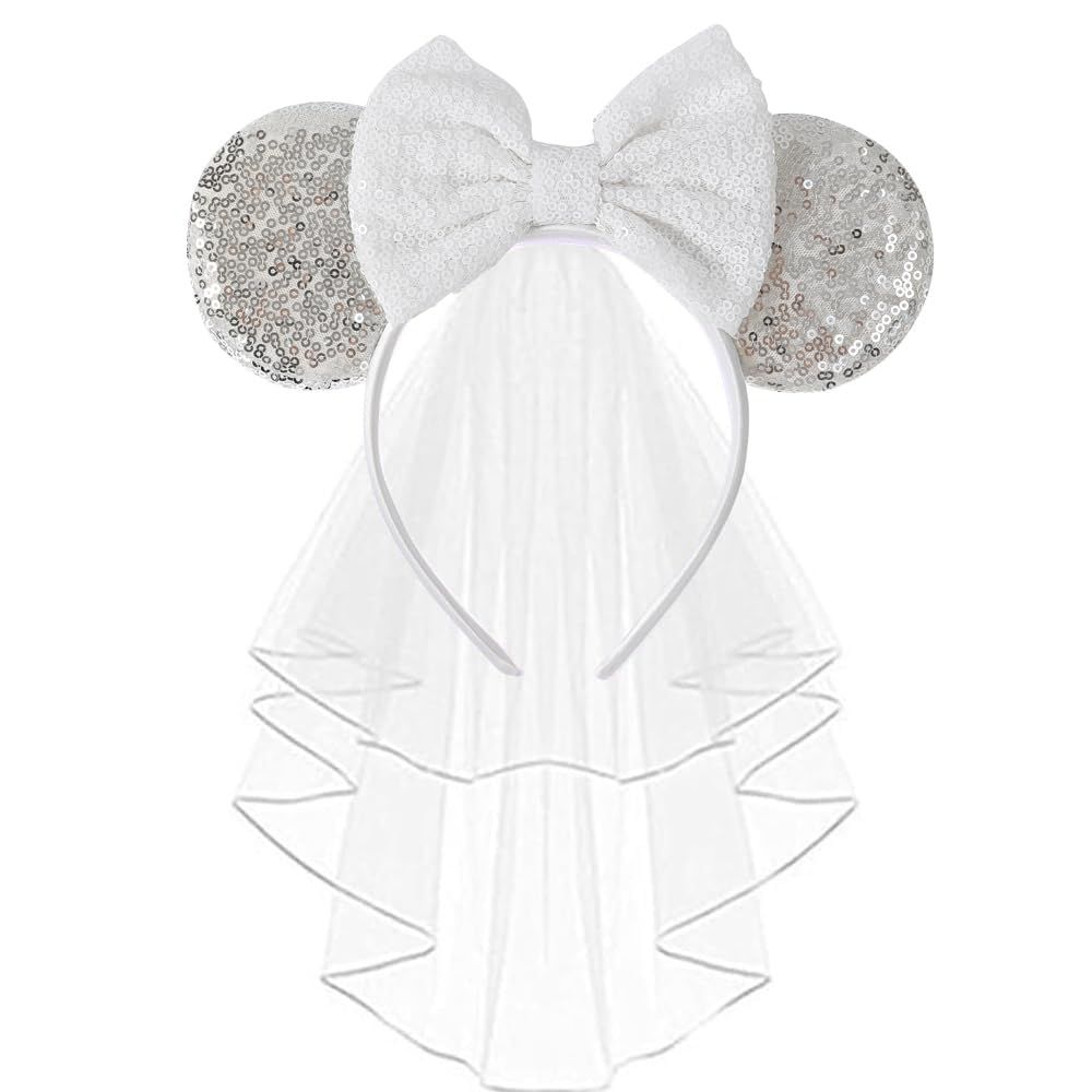 JIAHANG Bridal Veil Mouse Ear Bow Headband, Bachelorette Party Honeymoon Wedding Ears Headpiece, Party Headwear for Women Girls (ZZ sliver)