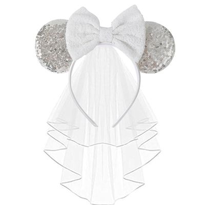 JIAHANG Bridal Veil Mouse Ear Bow Headband, Bachelorette Party Honeymoon Wedding Ears Headpiece, Party Headwear for Women Girls (ZZ sliver)